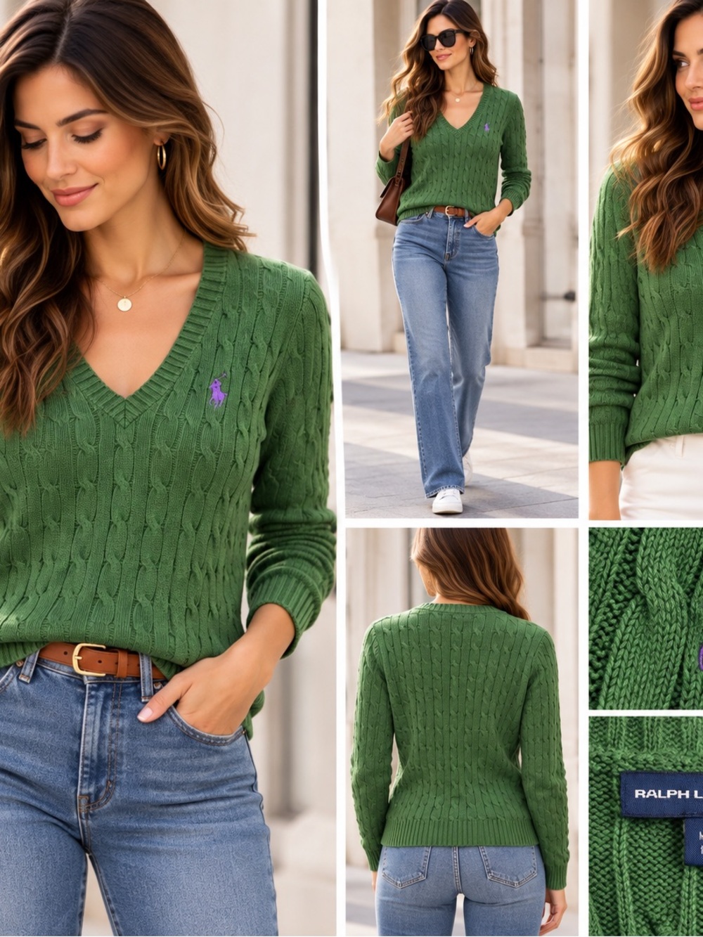 Ralph Lauren Sport Green Cable Knit V-Neck Sweater M Purple Pony